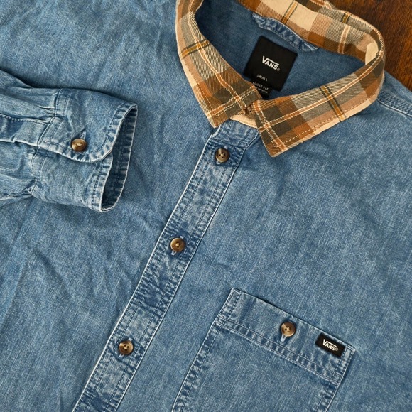 Vans Other - Vans Button Up Shirt Mens Small Denim Blue Plaid‎ Collar Casual Loose Fit Skate